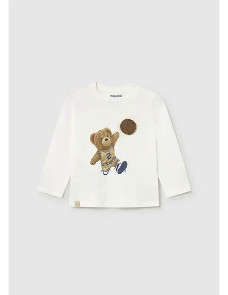 Camiseta m/l aplique animal - Nata-oso  | MAYORAL