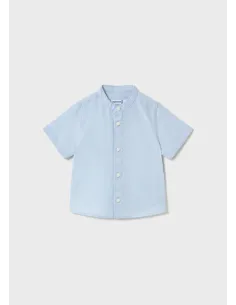 Camisa m/c lino cuello mao - Celeste   