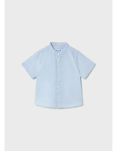 Camisa m/c lino cuello mao - Celeste   