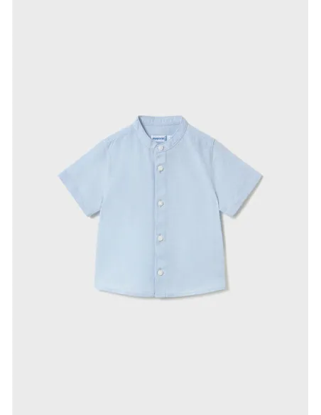 Camisa m/c lino cuello mao - Celeste   