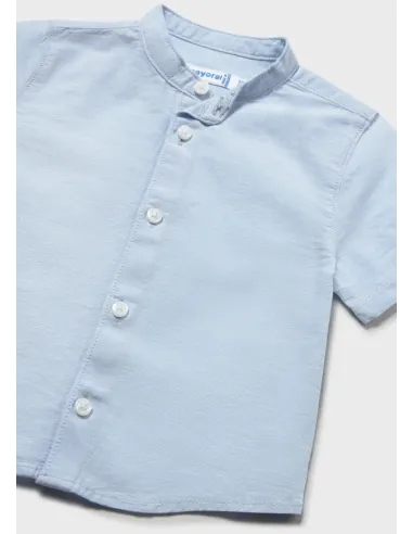 Camisa m/c lino cuello mao - Celeste   