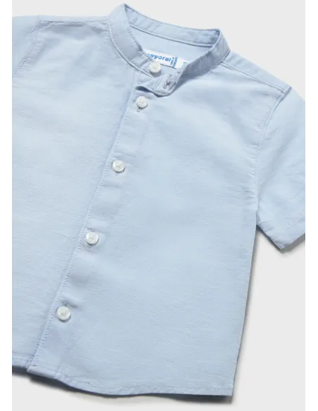 Camisa m/c lino cuello mao - Celeste   