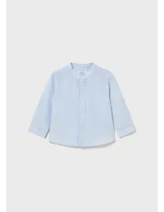 Camisa m/l lino cuello mao - Celeste   