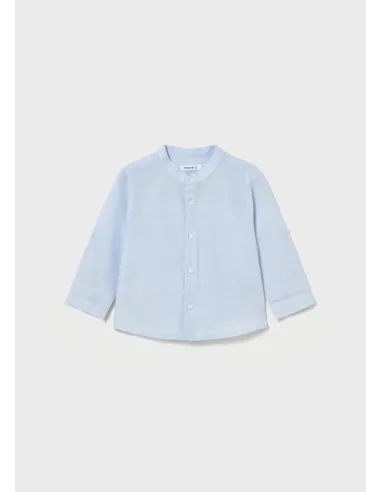 Camisa m/l lino cuello mao - Celeste   