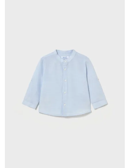 Camisa m/l lino cuello mao - Celeste   