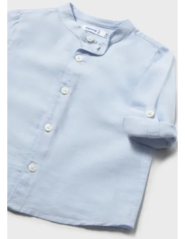Camisa m/l lino cuello mao - Celeste   