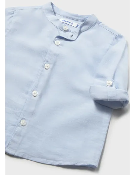 Camisa m/l lino cuello mao - Celeste   