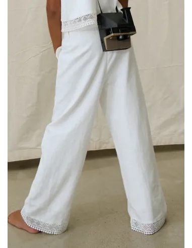 Pantalon largo cinta bordada - Crudo     