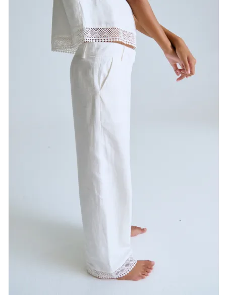 Pantalon largo cinta bordada - Crudo     