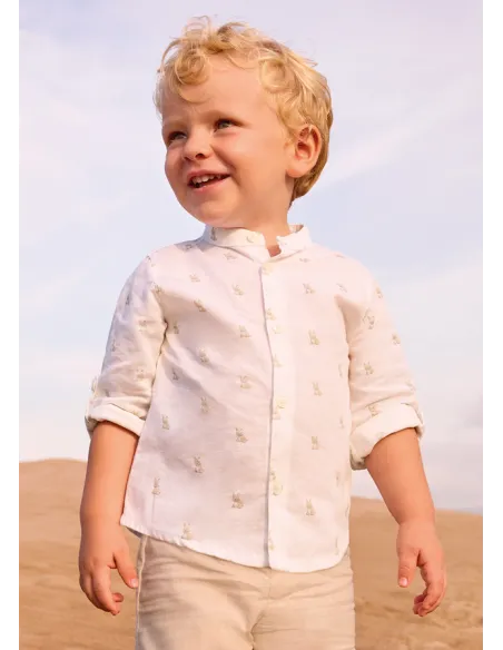 Camisa m/l lino cuello mao - Nata      