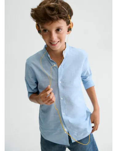 Camisa m/l cuello mao - Celeste   