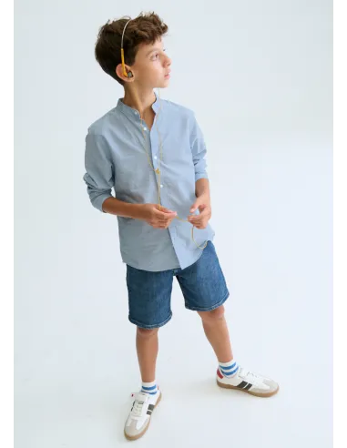 Camisa m/l cuello mao - Celeste   