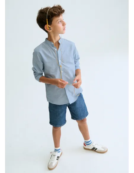 Camisa m/l cuello mao - Celeste   