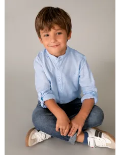 Camisa m/l cuello mao lino - Celeste   