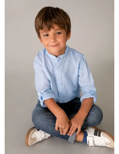 Camisa m/l cuello mao lino - Celeste   