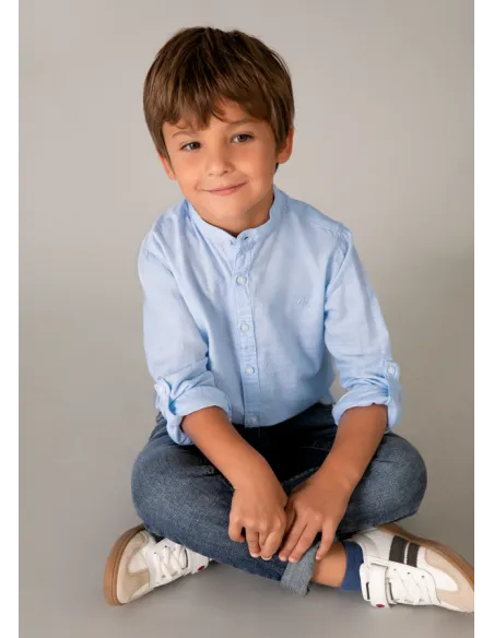 Camisa m/l cuello mao lino - Celeste   