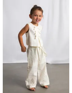 Pantalon largo lino bordado - Hueso     