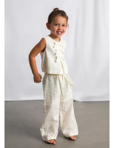 Pantalon largo lino bordado - Hueso     