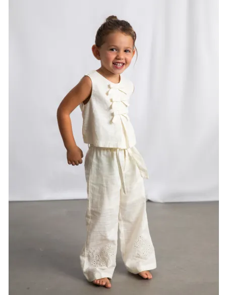 Pantalon largo lino bordado - Hueso     