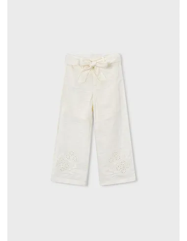 Pantalon largo lino bordado - Hueso     