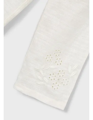Pantalon largo lino bordado - Hueso     