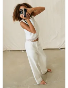 Pantalon largo cinta bordada - Crudo     