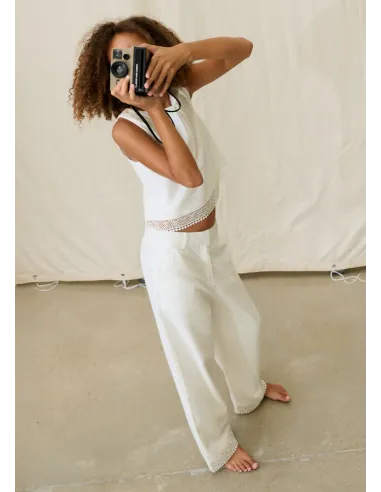 Pantalon largo cinta bordada - Crudo     