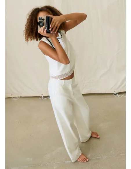Pantalon largo cinta bordada - Crudo     