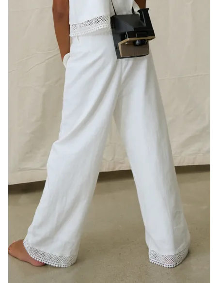 Pantalon largo cinta bordada - Crudo     