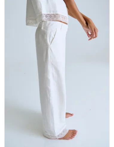 Pantalon largo cinta bordada - Crudo     